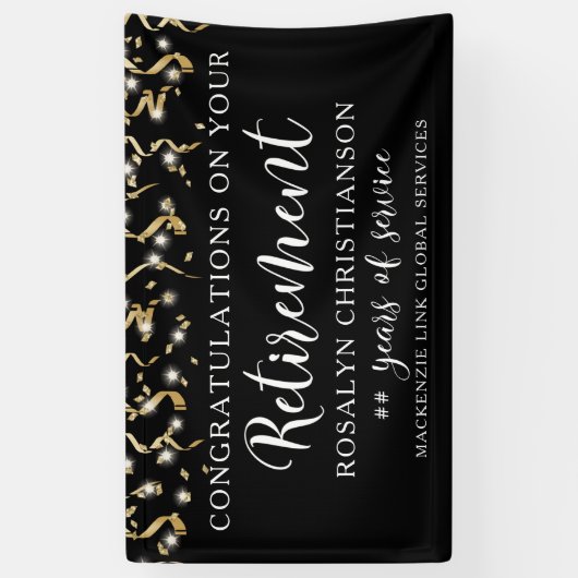 Pensioen Zwarte Goud Confetti Slierten Script Spandoek (Verticaal)