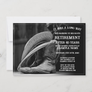 Pensioenaankondiging met cowboylaarzen en -pet