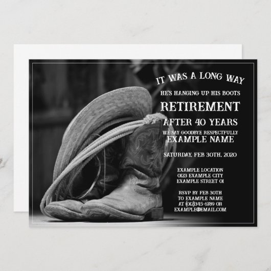 Pensioenaankondiging met cowboylaarzen en -pet (Voorkant / Achterkant)