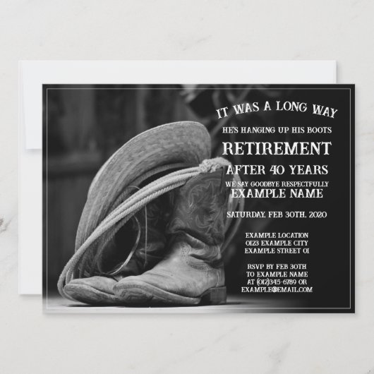 Pensioenaankondiging met cowboylaarzen en -pet (Voorkant)