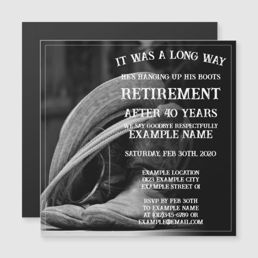 Pensioenaankondiging met cowboylaarzen en -pet (Voorkant / Achterkant)