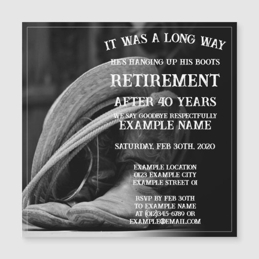 Pensioenaankondiging met cowboylaarzen en -pet (Voorkant)