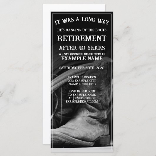Pensioenaankondiging met cowboylaarzen en -pet (Voorkant / Achterkant)