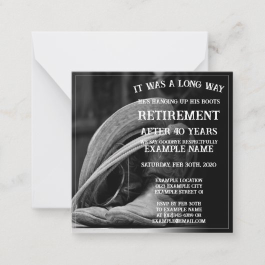 Pensioenaankondiging met cowboylaarzen en -pet notitiekaartje (Voorkant)
