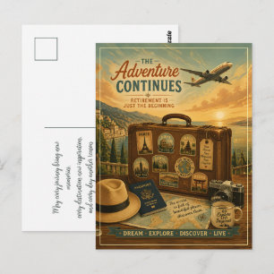 Pensioenavontuur met vintage reiskoffer briefkaart