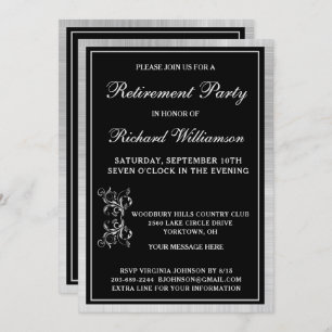 Pensioenfeest Elegant Zwart Zilver Uitnodiging