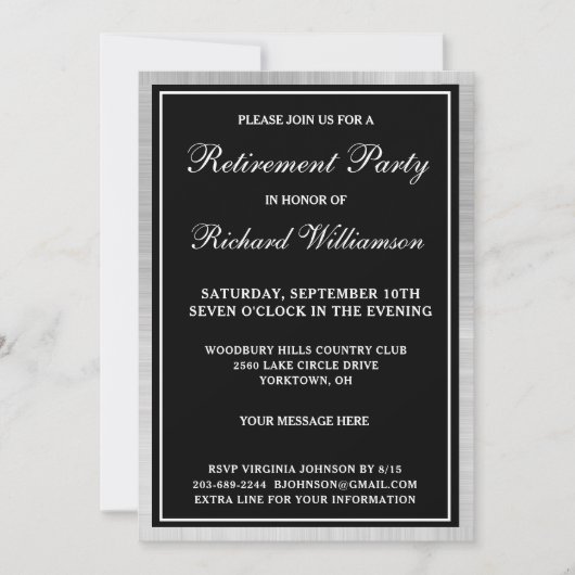 Pensioenfeest Elegant Zwart Zilver Uitnodiging (Voorkant)