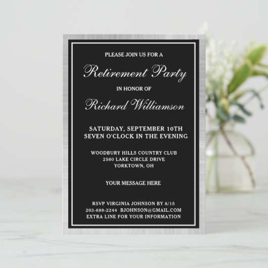 Pensioenfeest Elegant Zwart Zilver Uitnodiging (Staand voorkant)