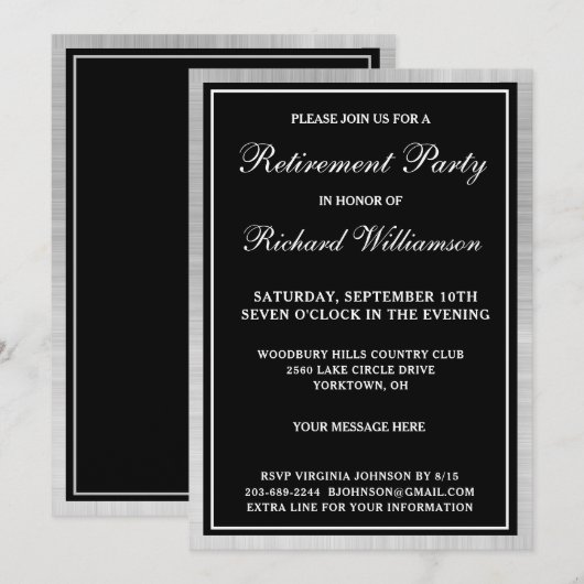 Pensioenfeest Elegant Zwart Zilver Uitnodiging (Voorkant / Achterkant)