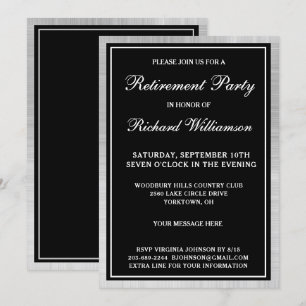 Pensioenfeest Elegant Zwart Zilver Uitnodiging