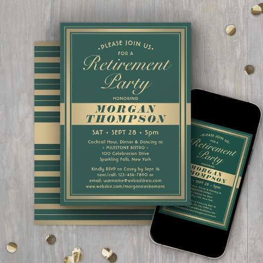 Pensioenfeest Elegante groene en gouden script Kaart