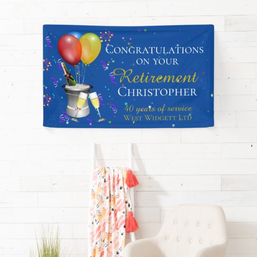 Pensioenfeest Fizz Gefeliciteerd Blauw Spandoek (Insitu)