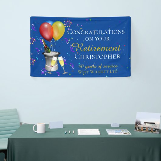 Pensioenfeest Fizz Gefeliciteerd Blauw Spandoek (Beurs)