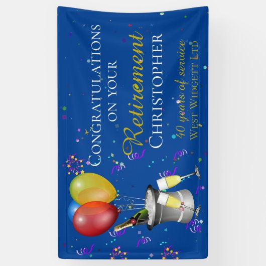 Pensioenfeest Fizz Gefeliciteerd Blauw Spandoek (Verticaal)