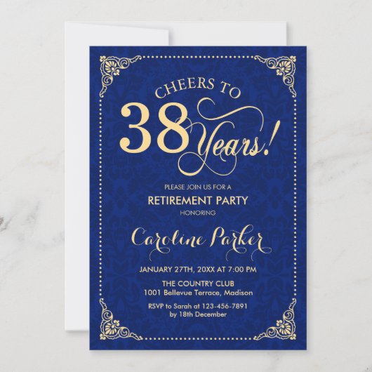 Pensioenfeest - Gold Navy Damask Kaart (Voorkant)