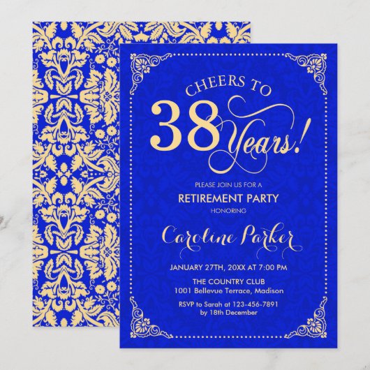 Pensioenfeest - Gold Royal Blue Damask Kaart (Voorkant / Achterkant)