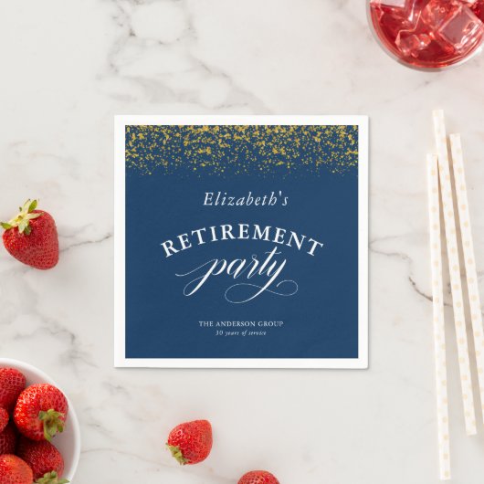Pensioenfeest Goud Glitter Elegant Script Blauw Servet (Insitu)