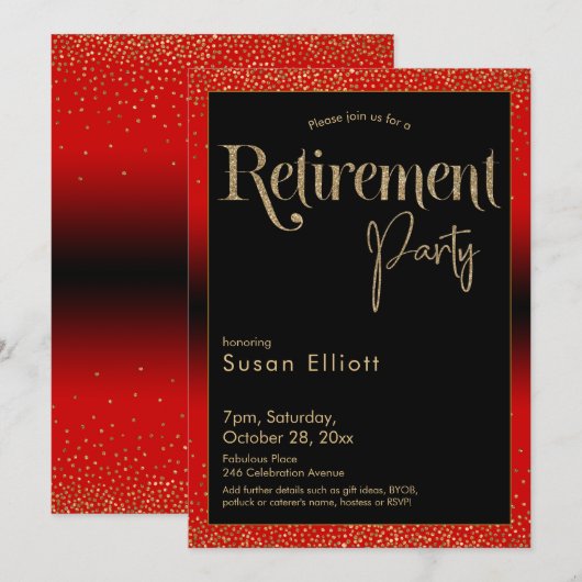 Pensioenfeest Gouden Glitter op Cherry Red Kaart (Voorkant / Achterkant)