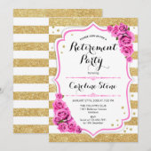 Pensioenfeest - Gouden Witte Strepen Roze Rozen Kaart (Voorkant / Achterkant)