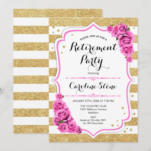 Pensioenfeest - Gouden Witte Strepen Roze Rozen Kaart (Voorkant / Achterkant)