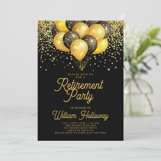 Pensioenfeest Gouden Zwarte Ballonnen Zwarte Kaart (Staand voorkant)