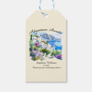 Pensioenfeest Kleurrijk Griekenland Dorp Oceaan Cadeaulabel