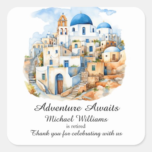 Pensioenfeest Kleurrijk Griekenland Dorp Oceaan Vierkante Sticker (Voorkant)