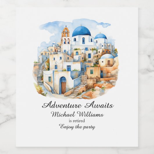 Pensioenfeest Kleurrijk Griekenland Dorp Oceaan Wijn Etiket (Enkel label)