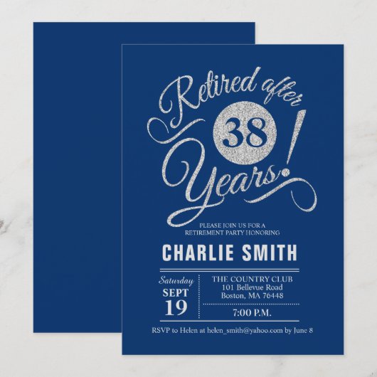 Pensioenfeest - Navy Blue Silver Kaart (Voorkant / Achterkant)