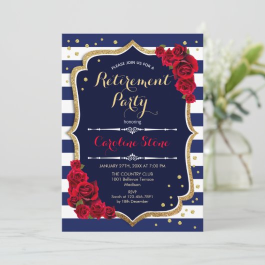 Pensioenfeest - Navy Blue White Stripes Rozen Kaart (Staand voorkant)