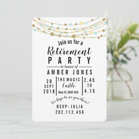 Pensioenfeest Nodig blauwgroen en gouden glitter u Kaart (Staand voorkant)