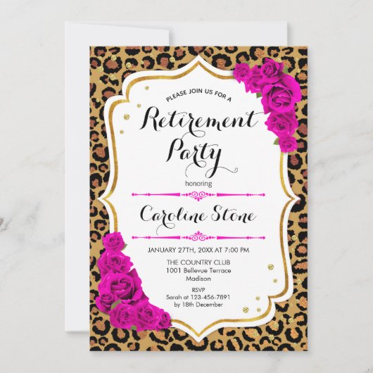 Pensioenfeest - Pink Gold Leopard Print Kaart (Voorkant)