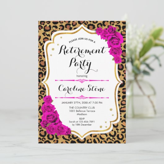 Pensioenfeest - Pink Gold Leopard Print Kaart (Staand voorkant)