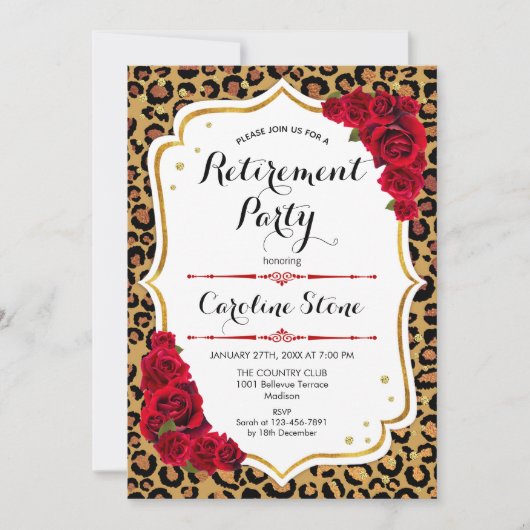 Pensioenfeest - Red Gold Leopard Print Kaart (Voorkant)