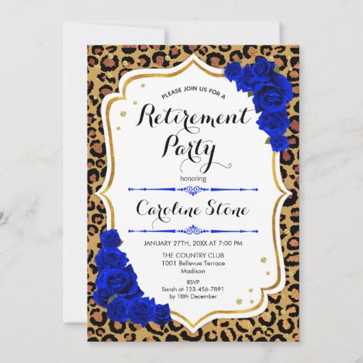 Pensioenfeest - Royal Blue Gold Leopard Print Kaart (Voorkant)