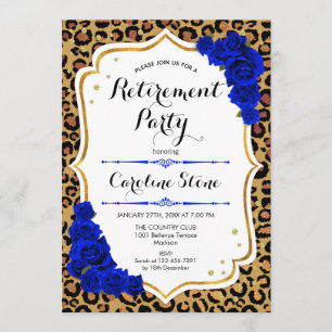 Pensioenfeest - Royal Blue Gold Leopard Print Kaart