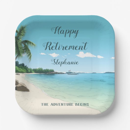 Pensioenfeest Tropische strandpalmbomen Papieren Bordje (Voorkant)