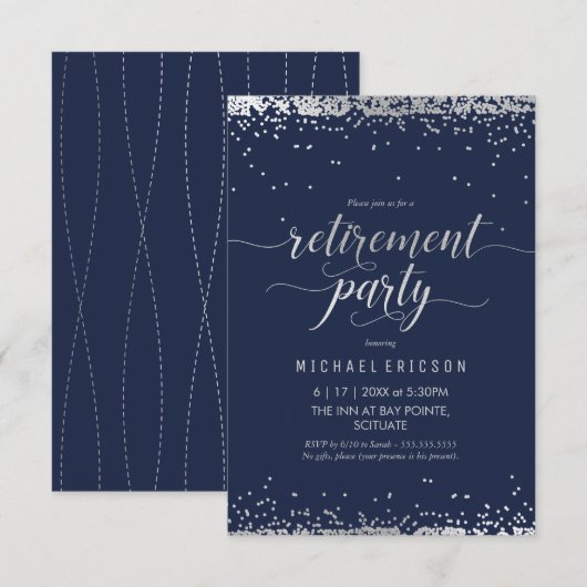 Pensioenfeest Uitnodiging - Elegant Zilver, Marine (Voorkant / Achterkant)