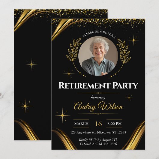 Pensioenfeest uitnodiging Elegant Zwart Goud (Voorkant / Achterkant)