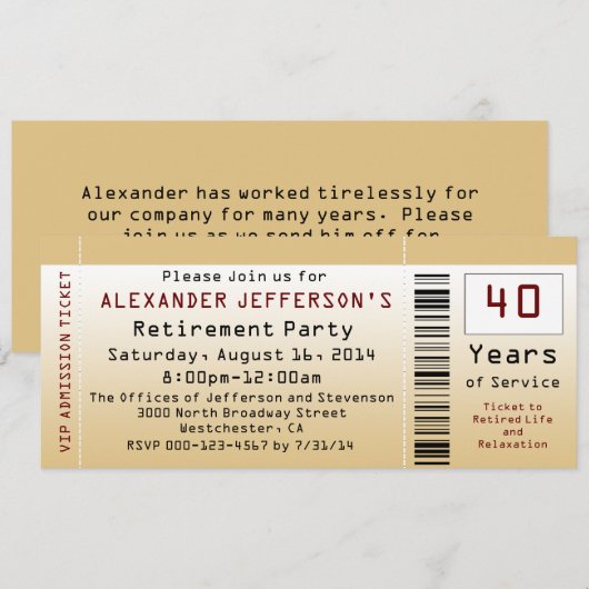 Pensioenfeest uitnodiging Goldtone Ticket (Voorkant / Achterkant)