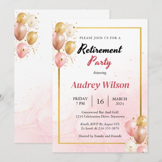 Pensioenfeest Uitnodiging Goud Roze Modern (Voorkant / Achterkant)