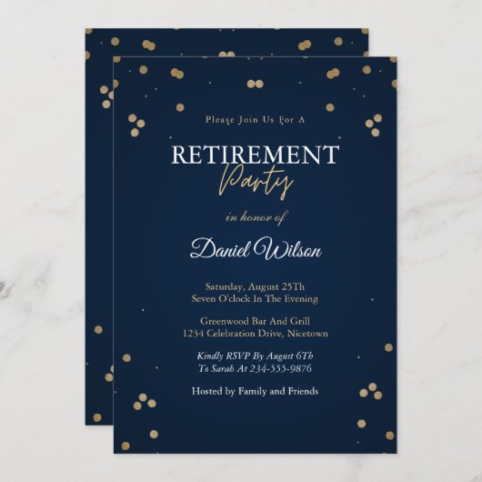 Pensioenfeest Uitnodigingen Blauwe Marine en Goud (Voorkant / Achterkant)