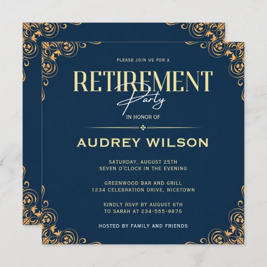 Pensioenfeest Uitnodigingen Blue Navy (Voorkant / Achterkant)