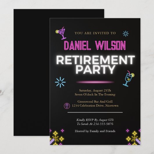 Pensioenfeest uitnodigingen Kleurrijke Neon Modern (Voorkant / Achterkant)