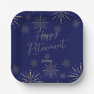 Pensioenfeest viering marineblauw en goud papieren bordje