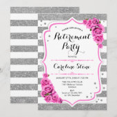 Pensioenfeest - zilveren witte strepen roze rozen kaart (Voorkant / Achterkant)