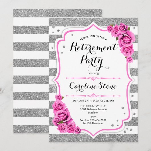 Pensioenfeest - zilveren witte strepen roze rozen kaart (Voorkant / Achterkant)