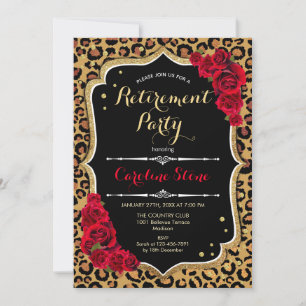 Pensioenfeest - Zwart Rood Goud Luipaard Print Kaart