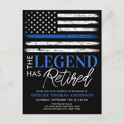 Pensioenlegering van de politie met een blauwe lij uitnodiging briefkaart (Voorkant)