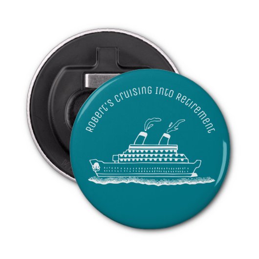 Pensioenmonogram Funny Cruise Ship Button Flesopener (Voorkant)